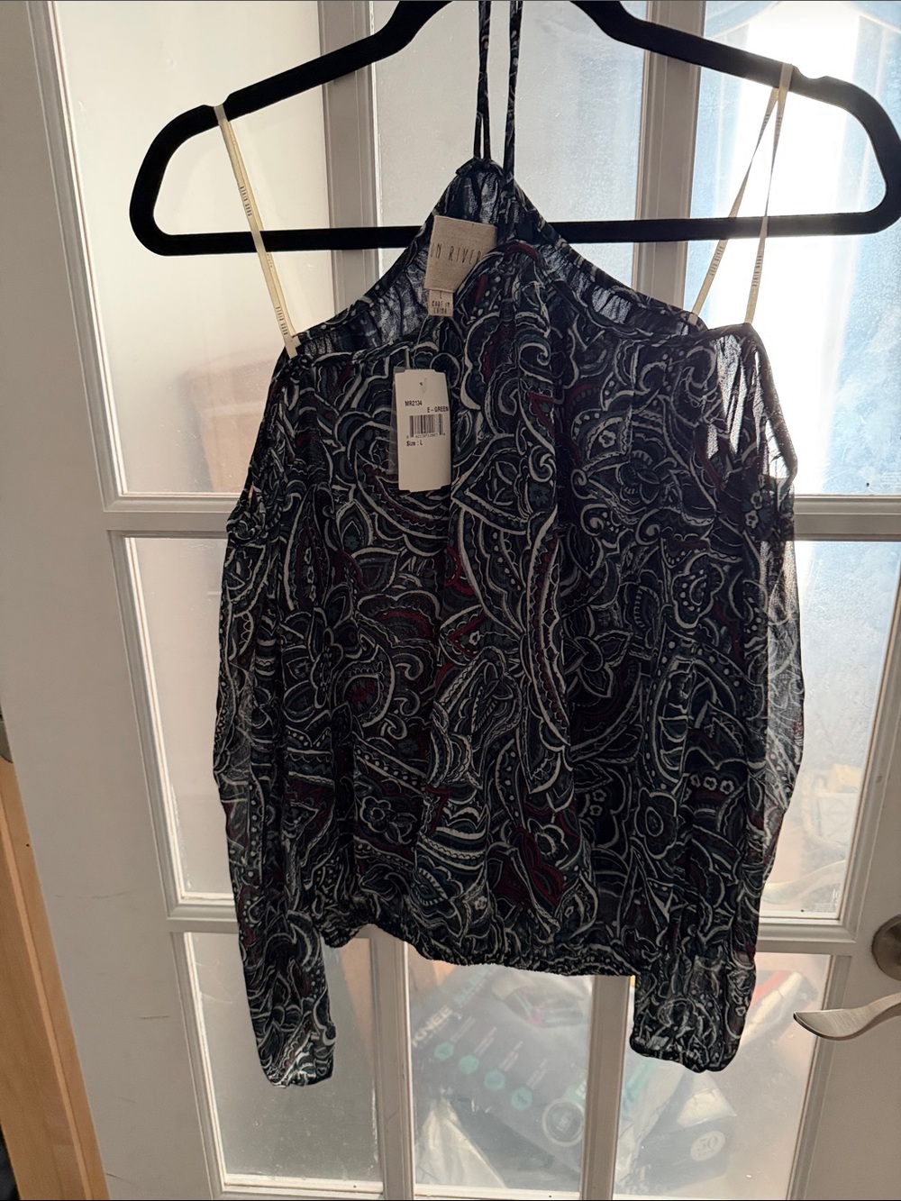 Sheer Paisley Halter Blouse in Blueish/Green with burgundy & White Accents